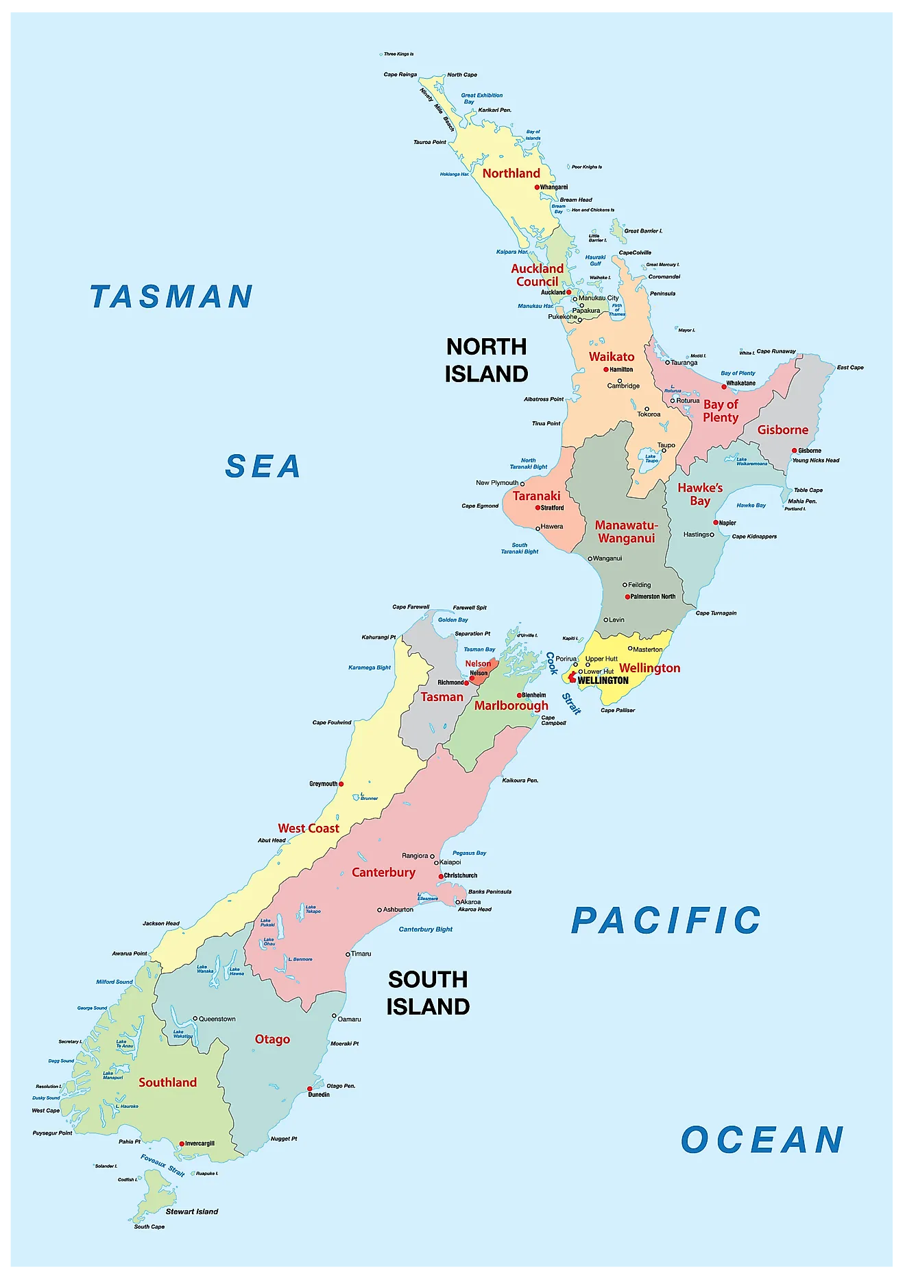 Mapa político de Nueva Zelanda que muestra sus 16 regiones y 1 autoridad territorial y la ciudad capital de Wellington