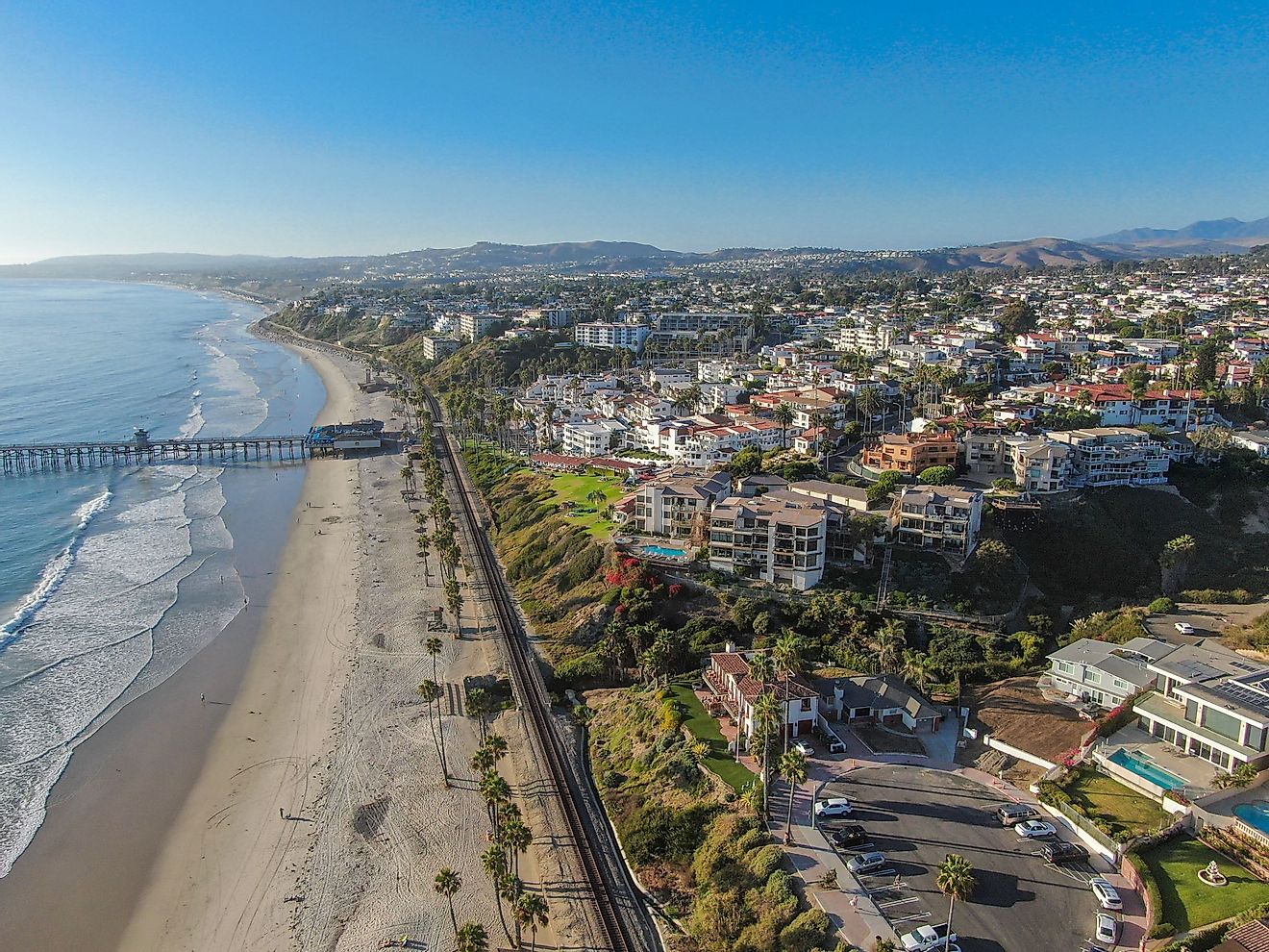 Aerial view of San Clemente coastline town and beach, Orange County, California. 