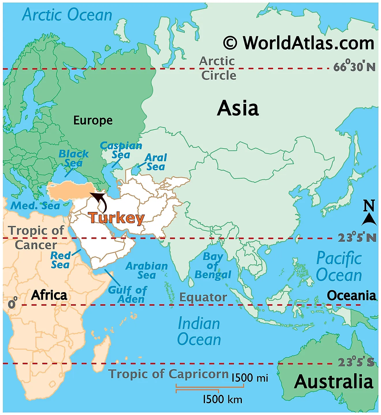 Map showing location of Turkey in the world.