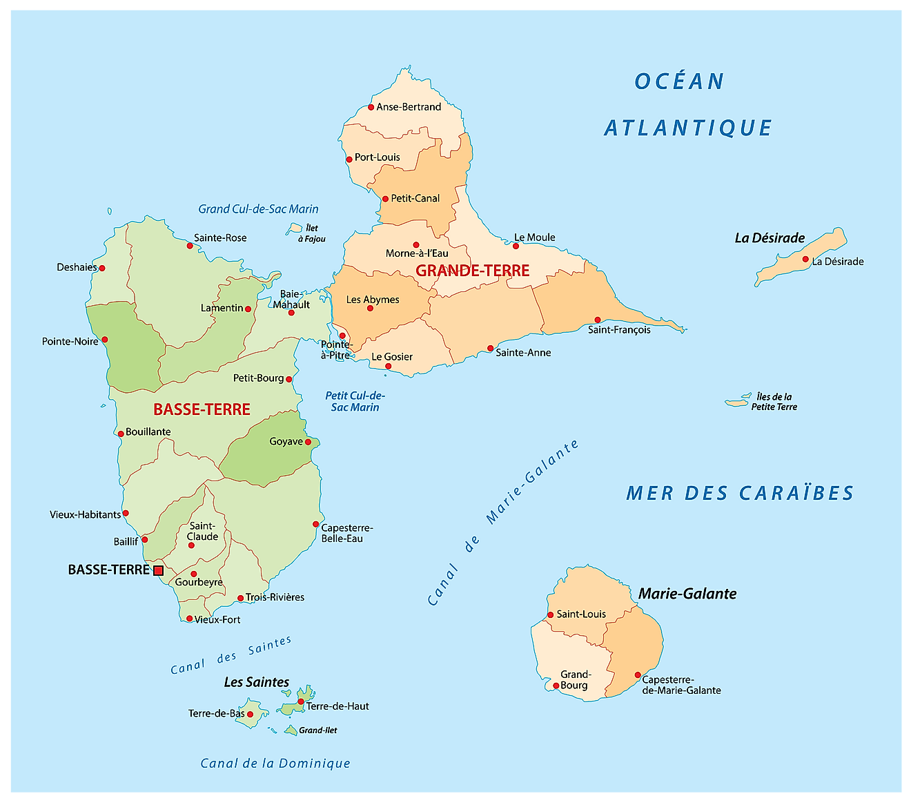 Political Map of Guadeloupe showing its capital city - Basse-Terre
