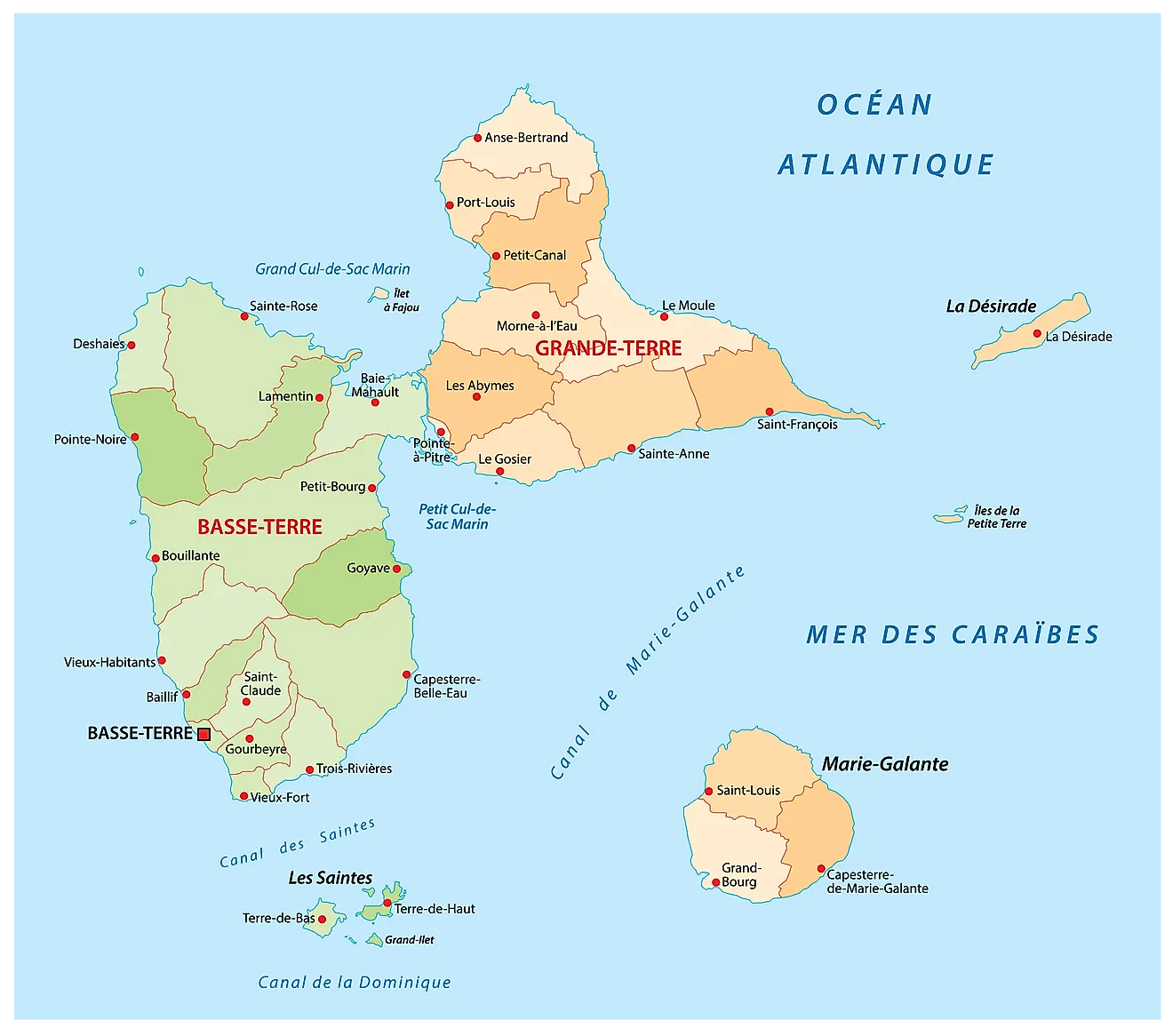 Political Map of Guadeloupe showing its capital city - Basse-Terre