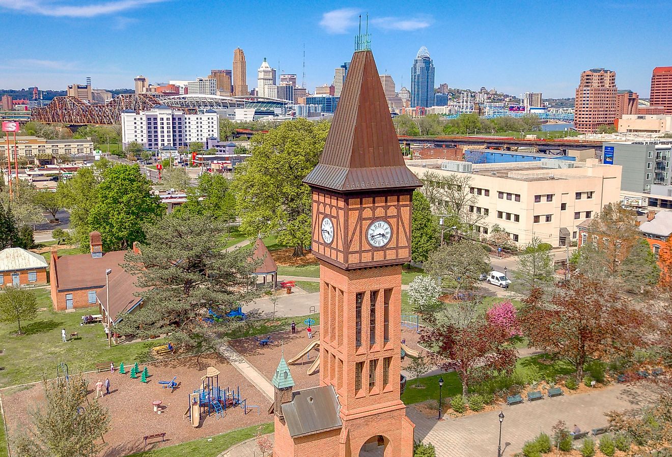 The Iconic Goebel Park Clock Tower in Covington, Kentucky with the skyline of Cincinnati in the background.