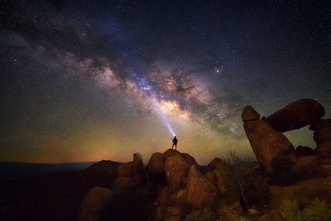 Milky Way at Balanced Rock, Big Bend National Park, Texas, USA. Constellation and galaxy.
