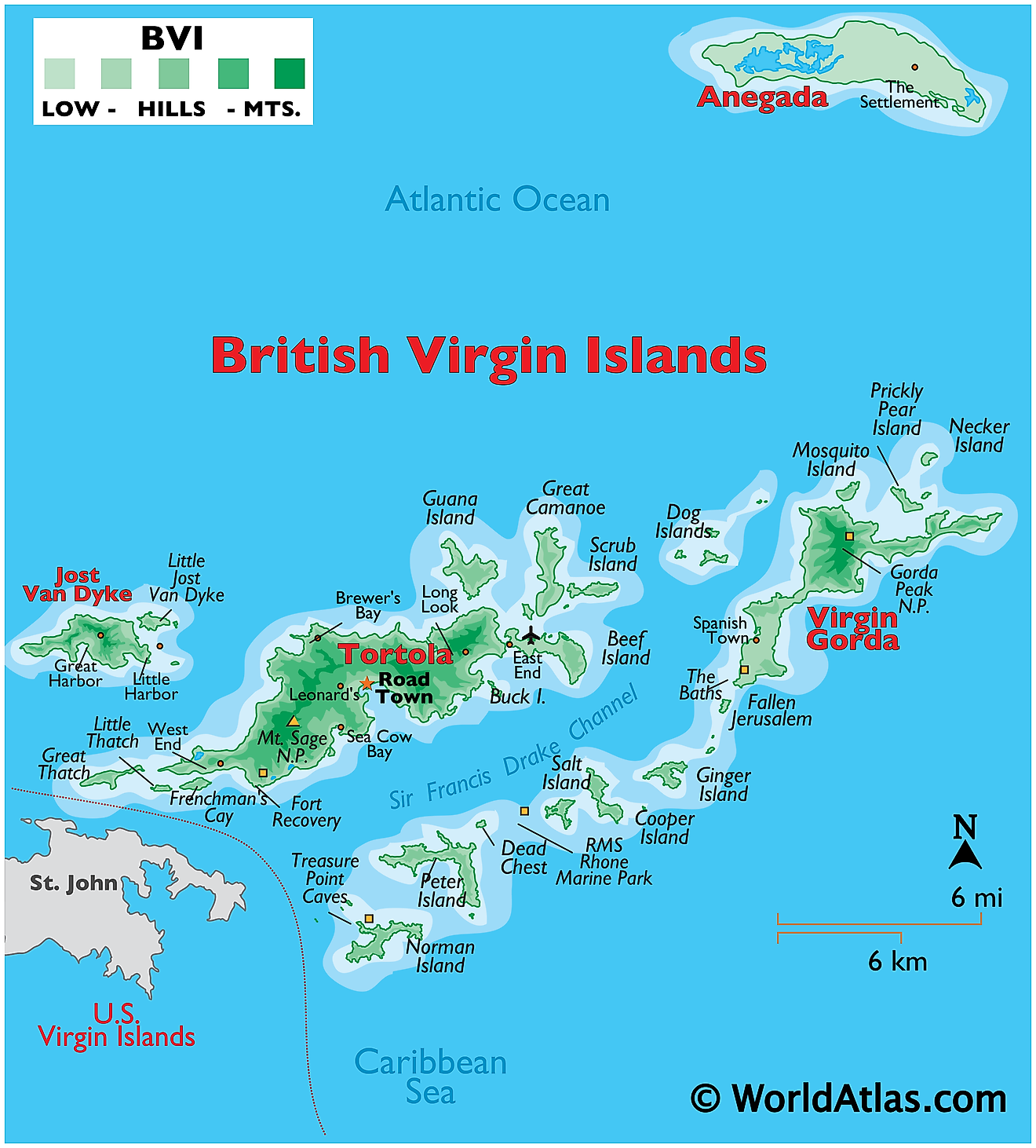 Physical Map of British Virgin Islands. It shows the physical features of the British Virgin Islands