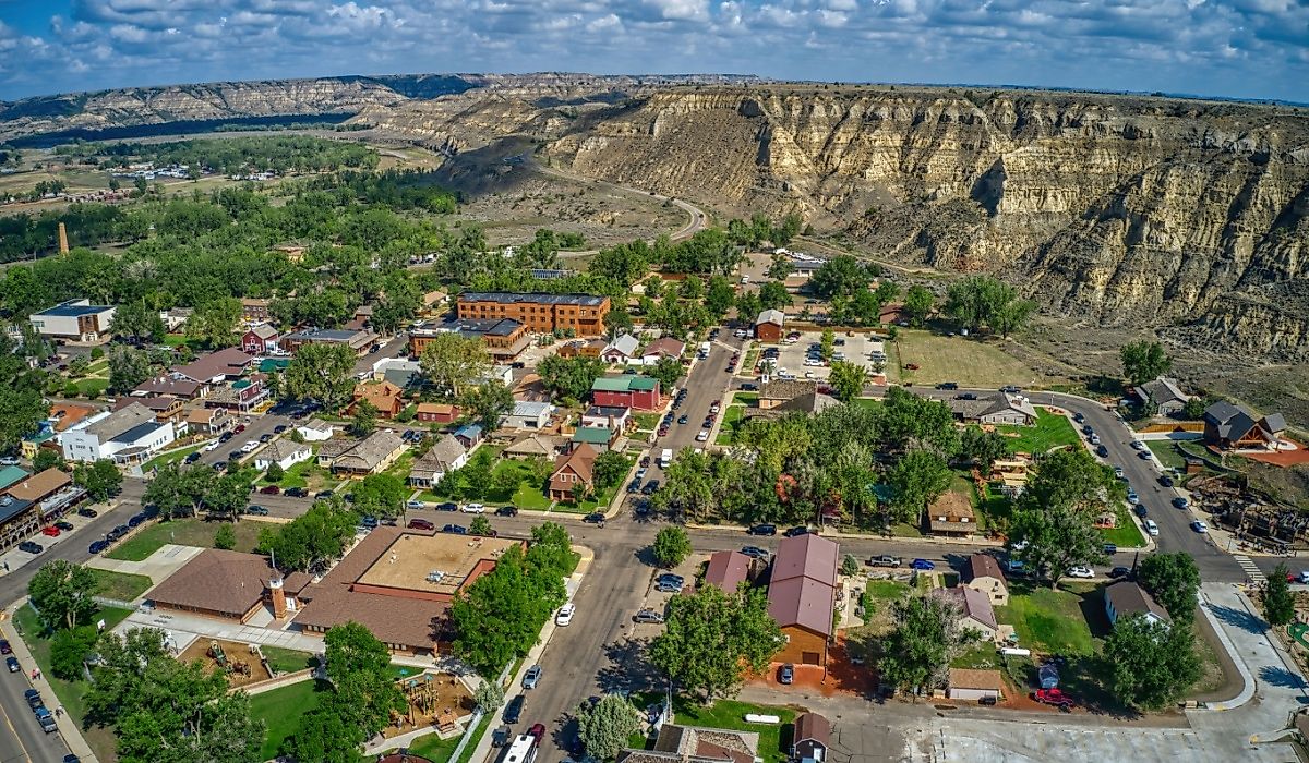 Aerial view of Medora, North Dakota, outside of Theodore Roosevelt National Park