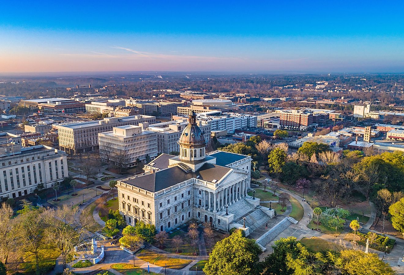 Drone aerial view of downtown Columbia, South Carolina in morning. Image credit Kevin Ruck via Shutterstock.