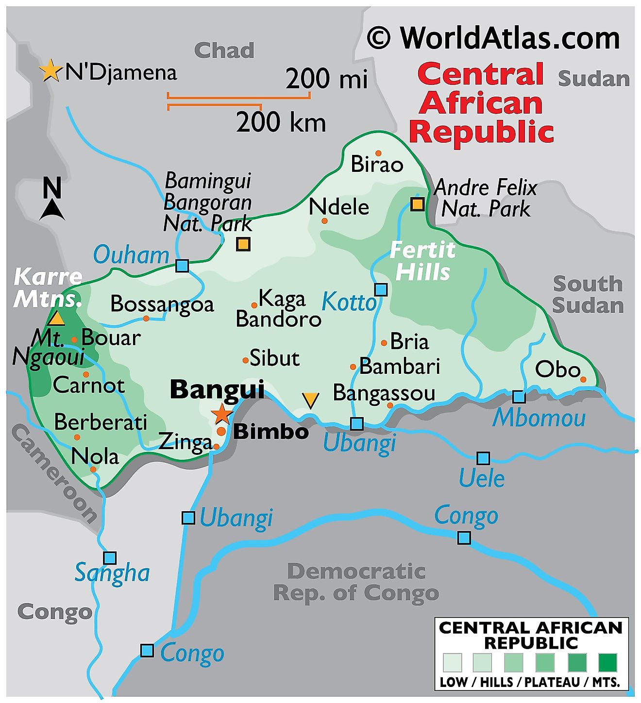 Physical Map of Central African Republic showing state boundaries, relief, major rivers, extreme points, national parks, etc.