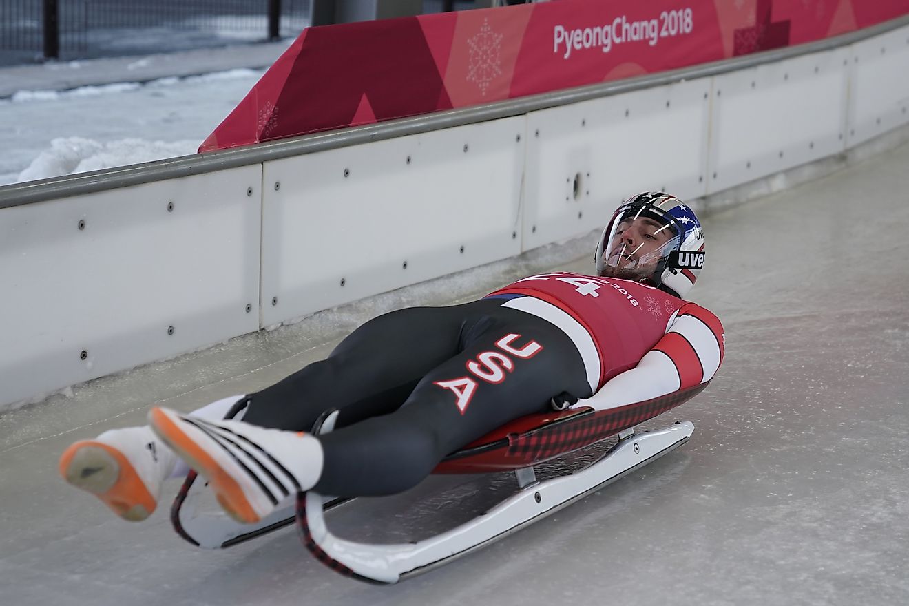 Chris Mazdzer of United States competes in the Men's Singles Luge Training at the 2018 Winter Olympics in PyeongChang, South Korea. Editorial credit: Leonard Zhukovsky / Shutterstock.com