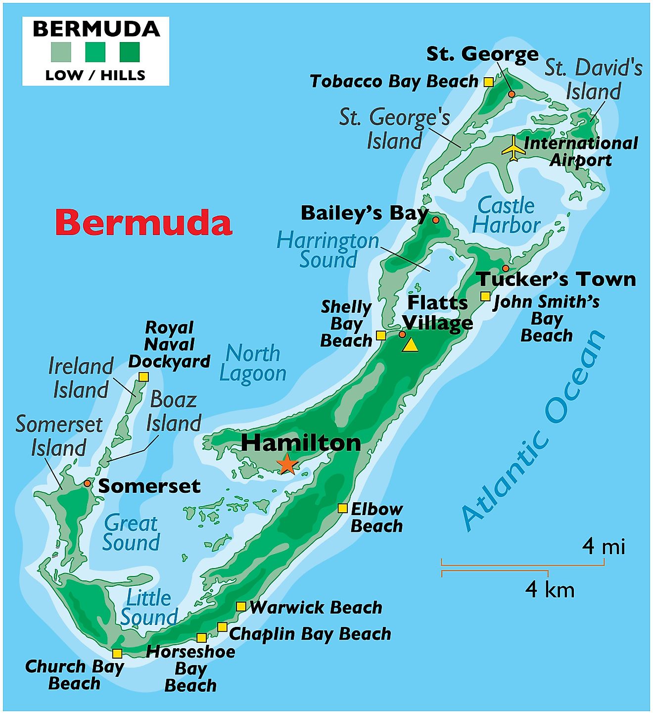 Mapa físico de las Bermudas que muestra islas, playas, fuentes de agua circundantes, punto más alto, asentamientos importantes y más.