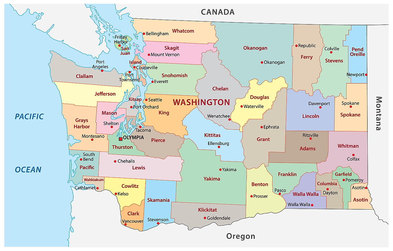 Mapa administrativo de Washington que muestra sus 39 condados y la ciudad capital - Olympia