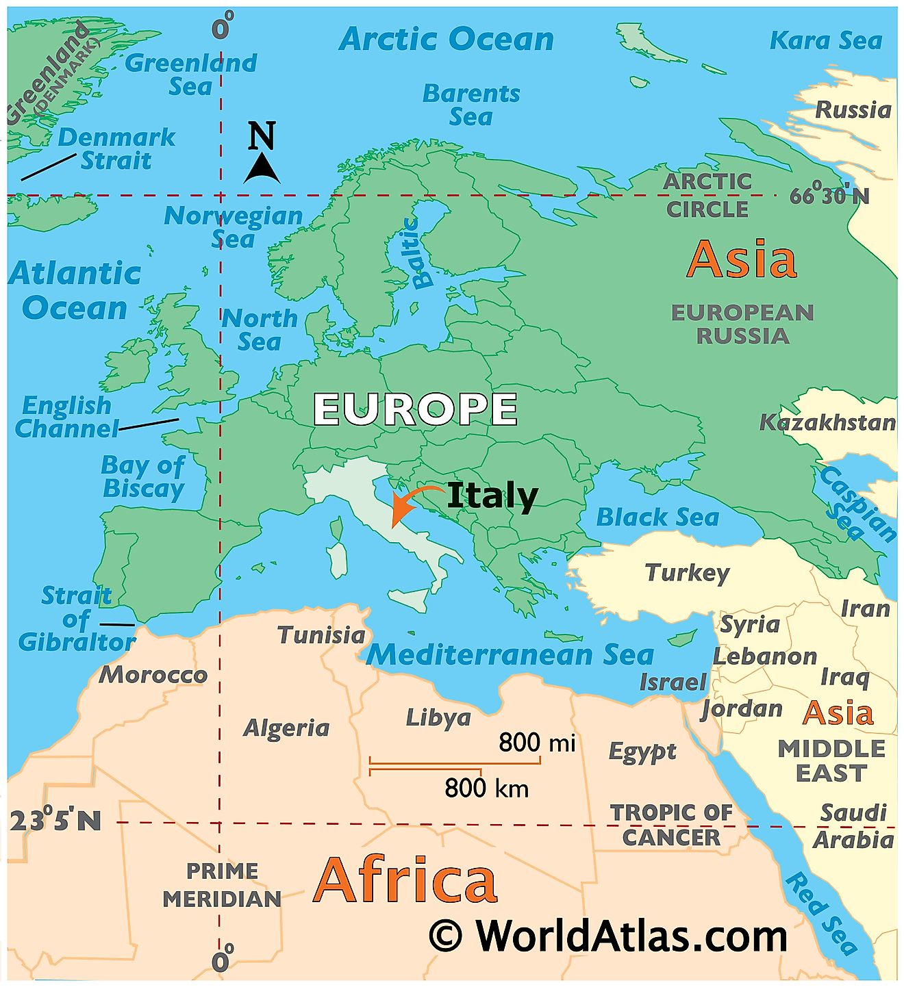 Map showing location of Italy in the world.