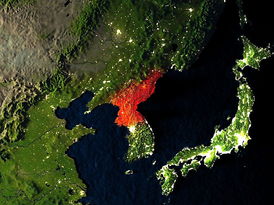 North Korea, visible in red, is located in the northern part of the Korean Peninsula.