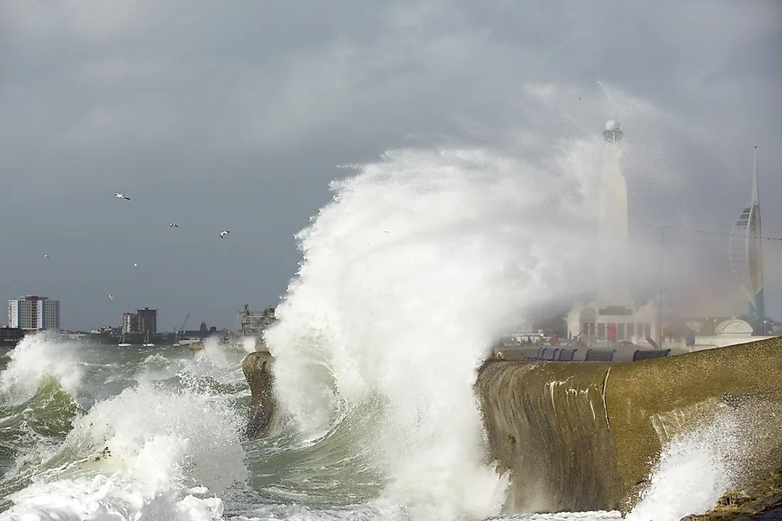 Seawalls protect coastal landforms against tidal action and storms. 