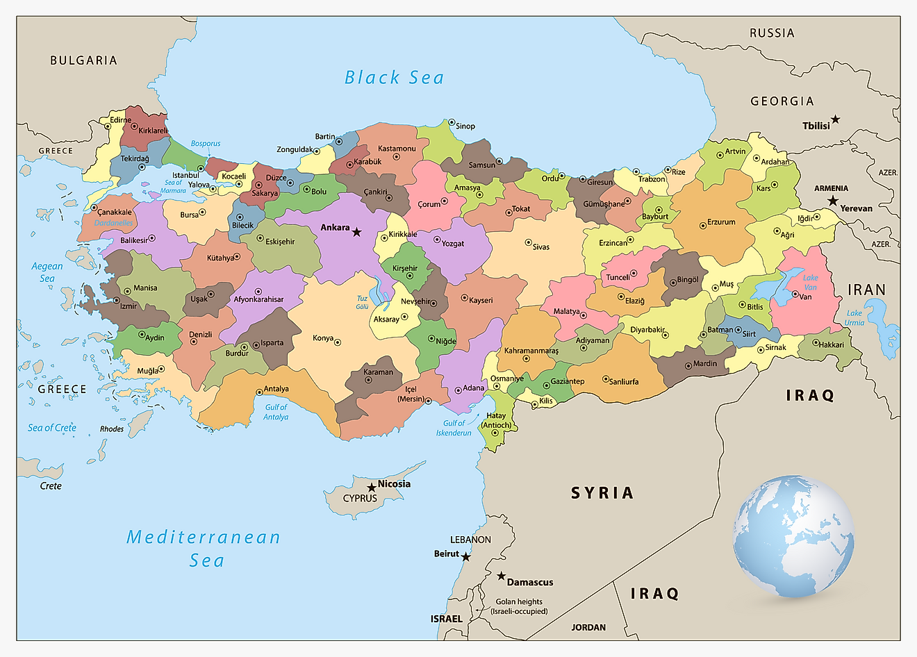 Political Map of Turkey displaying the 81 provinces of Turkey and the capital city of Ankara.