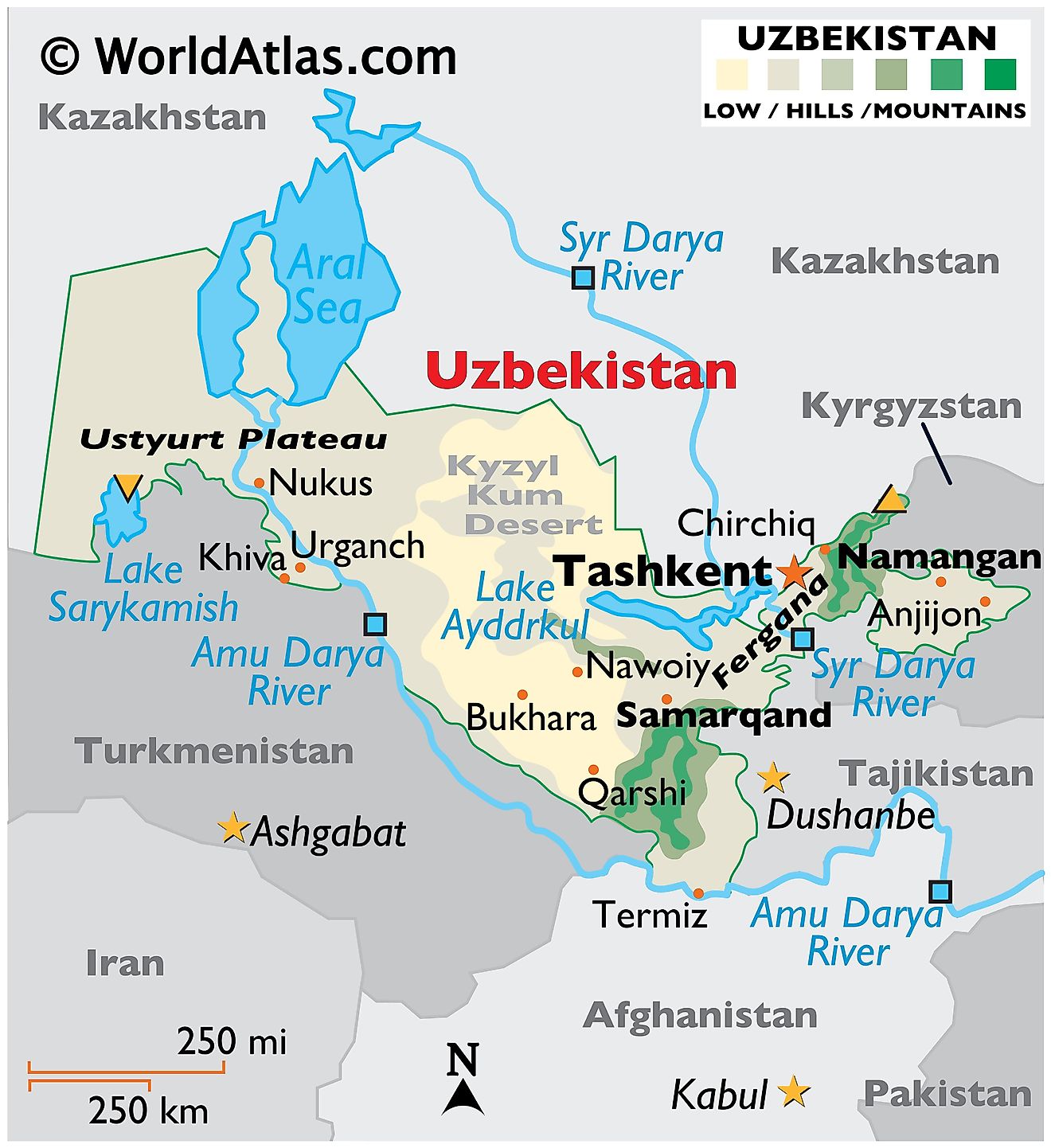 Physical Map of Uzbekistan with state boundaries, relief, major rivers, lakes, highland areas, highest peak, important cities, and more.