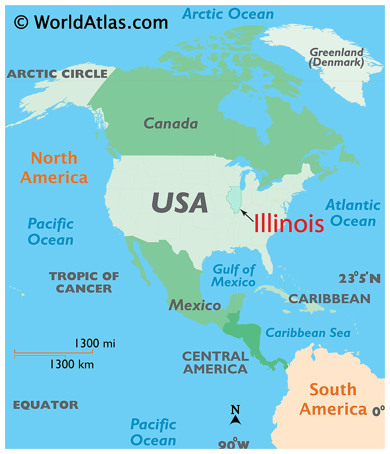 Map showing location of Illinois in the world.