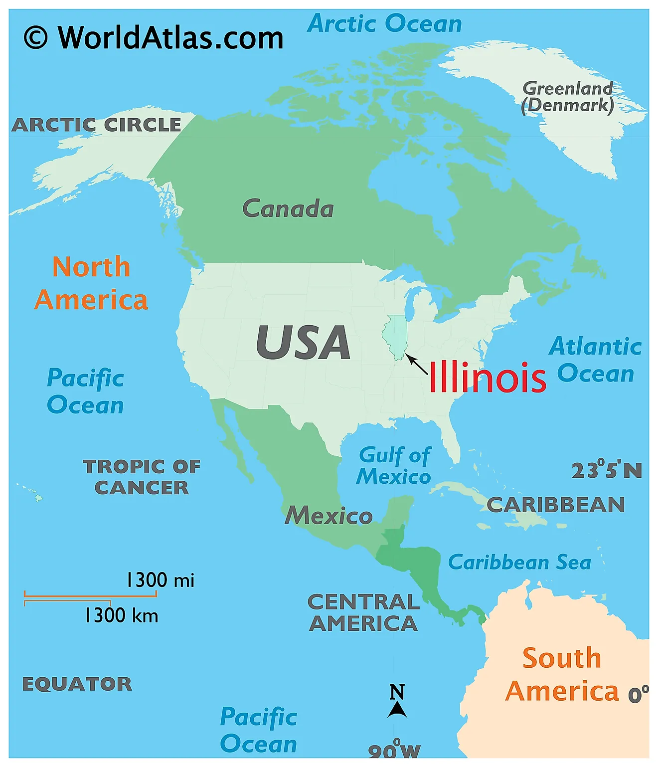 Map showing location of Illinois in the world.