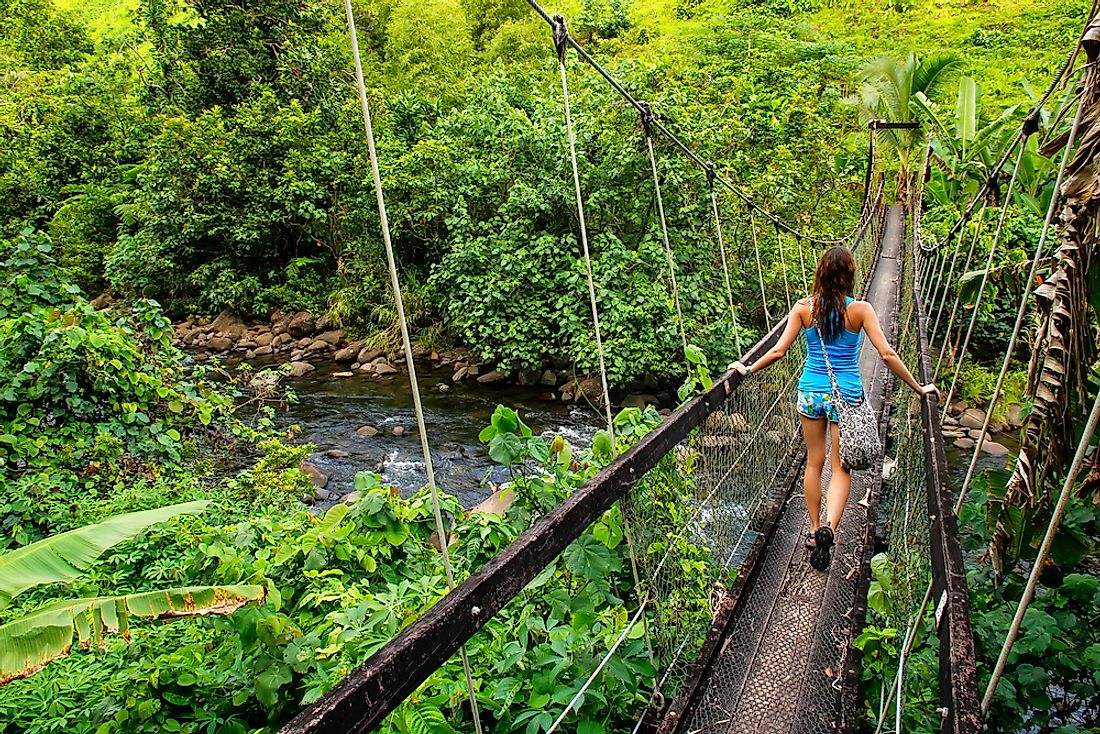 A tourist walks over a suspension bridge in Fiji. 