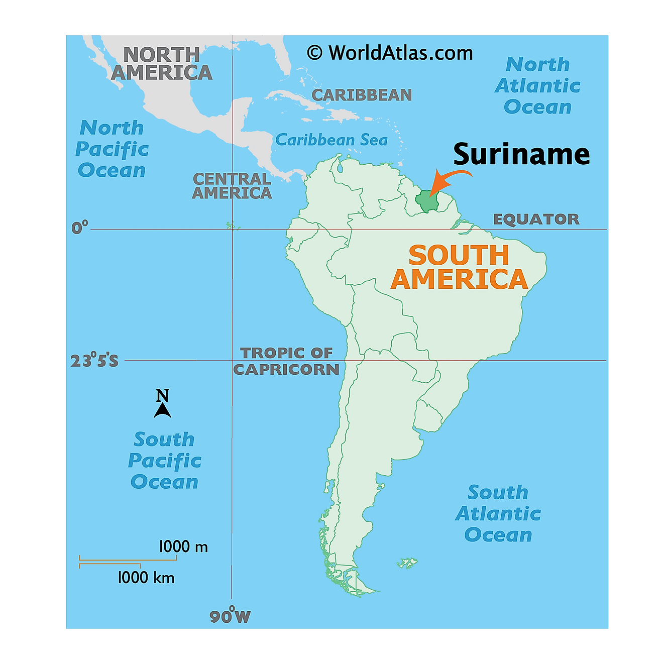Map showing location of Suriname in the world.