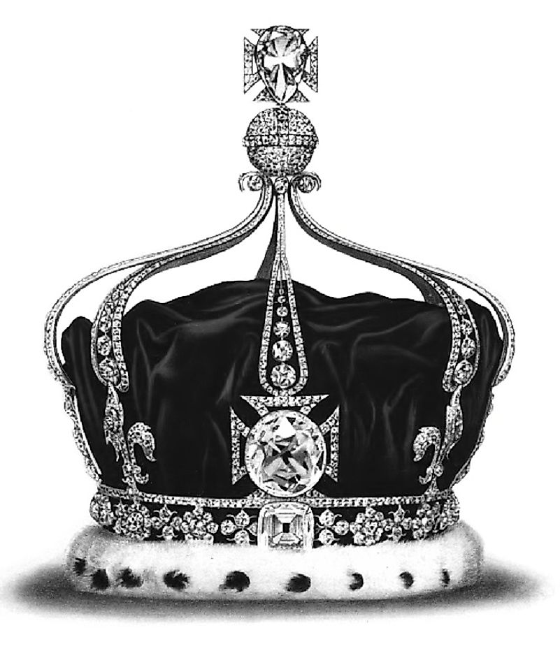 The Koh-i-Noor Diamond in front of the Crown of Queen Mary in the early 20th Century as part of the Crown Jewels of England.