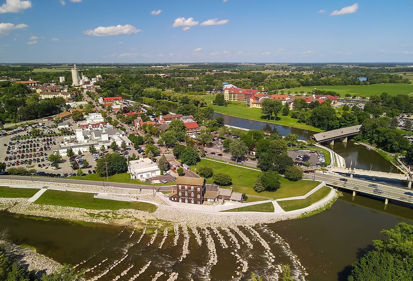 Aerial view of Frankenmuth city in Michigan, known for its Bavarian-style architecture. Image credit SNEHIT PHOTO via Shutterstock