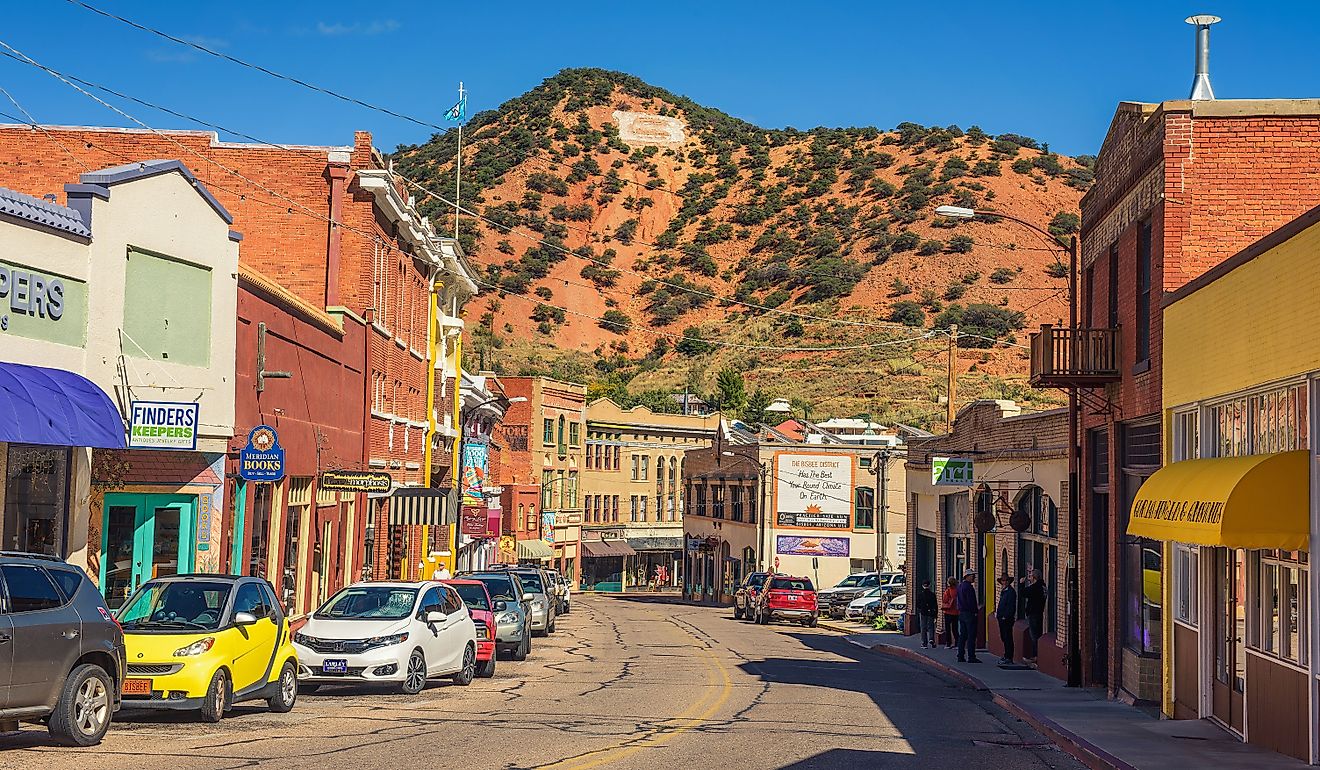 Downtown Bisbee located in the Mule Mountains with the large B on a hill in the background. Editorial credit: Nick Fox / Shutterstock.com