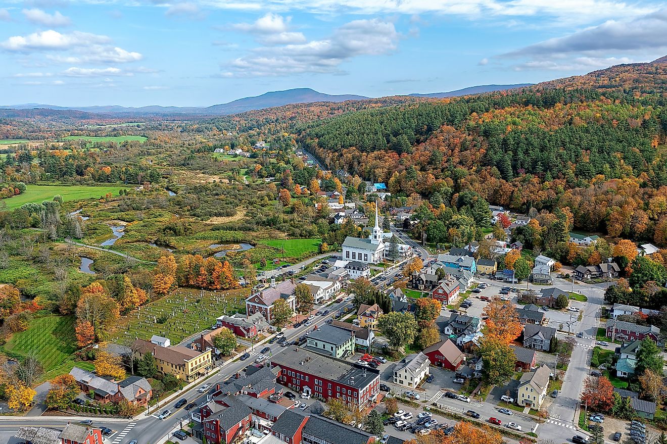 Aerial view of Stowe, Vermont during autumn.