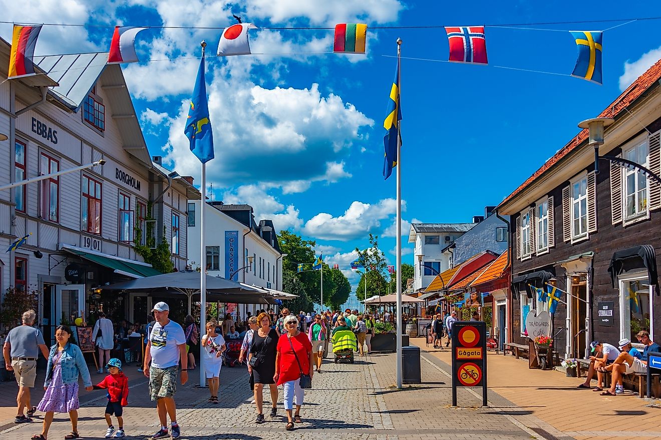 Commercial street in Borgholm, Sweden. (Editorial credit: trabantos / Shutterstock.com)
