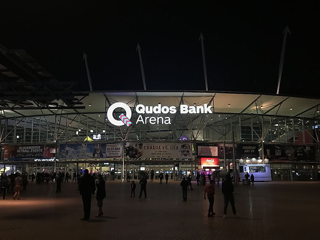 A view of the Sydney Super Dome, now formally known as the Qudos Bank Arena. Editorial credit: Anurat Imaree / Shutterstock.com.