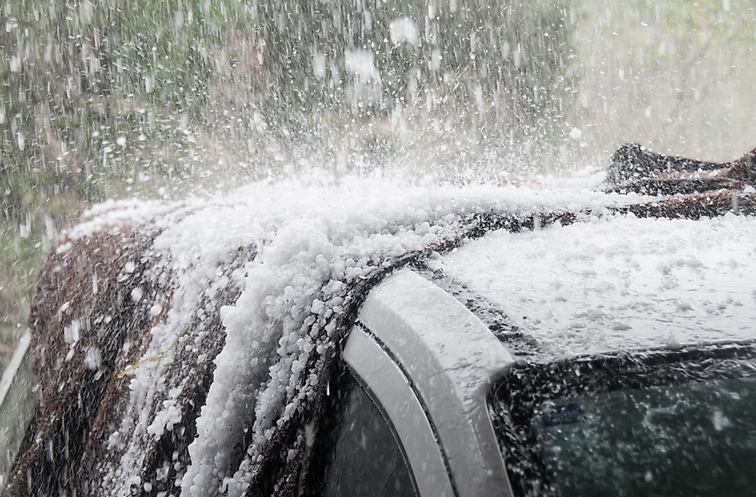 During hail storms, large hail stones can cause significant damage to property such as cars. 