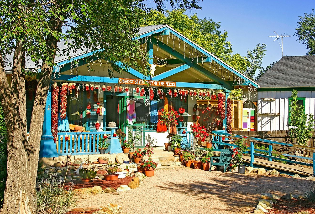 Image of a charming and colorful roadside shop in Madrid, New Mexico.