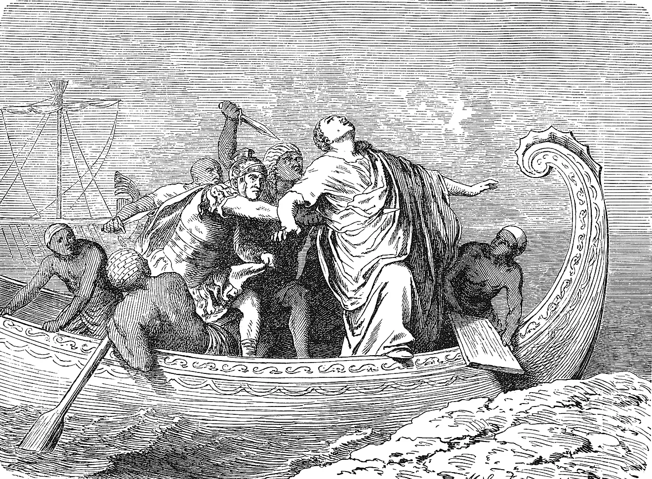 A nineteenth-century engraving of the murder of Pompey the Great on the Egyptian coast. (Credit: KtmT / Shutterstock)