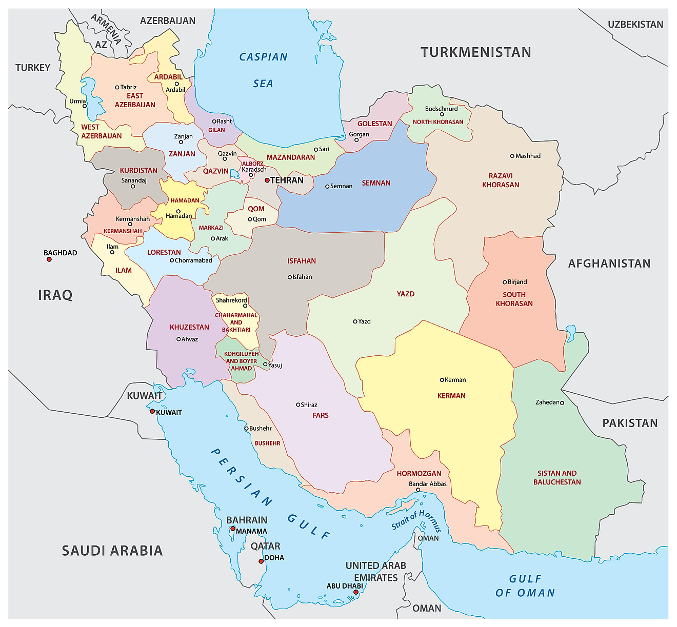 Political Map of Iran showing the 31 provinces, their capitals, and the national capital of Tehran.