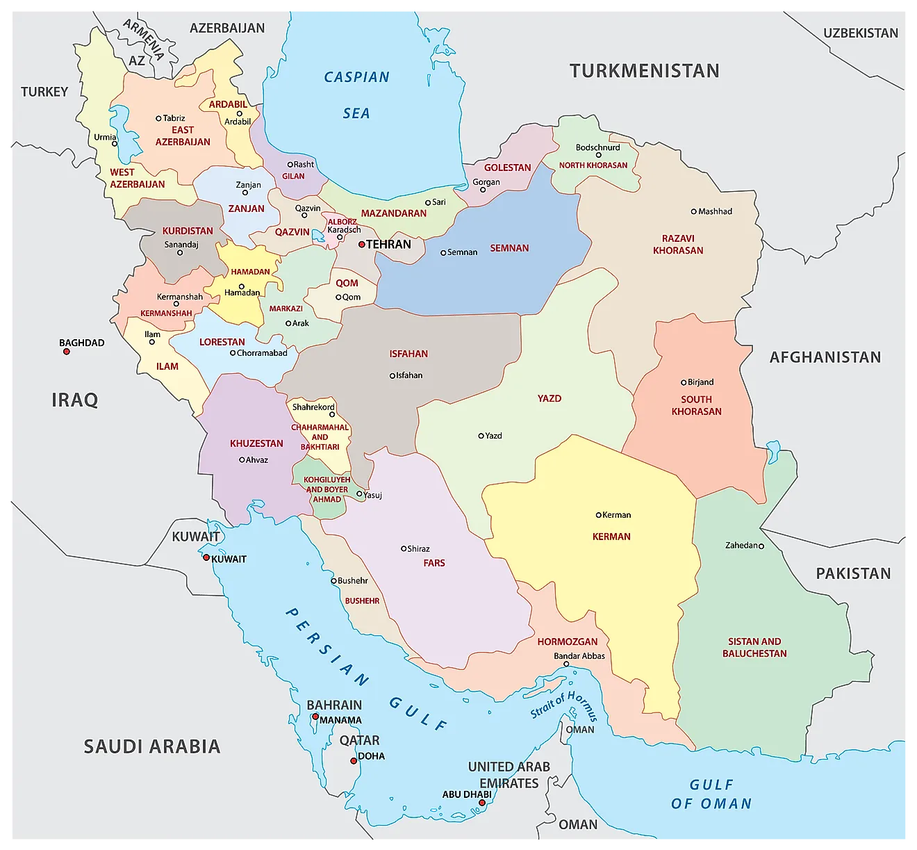 Political Map of Iran showing the 31 provinces, their capitals, and the national capital of Tehran.