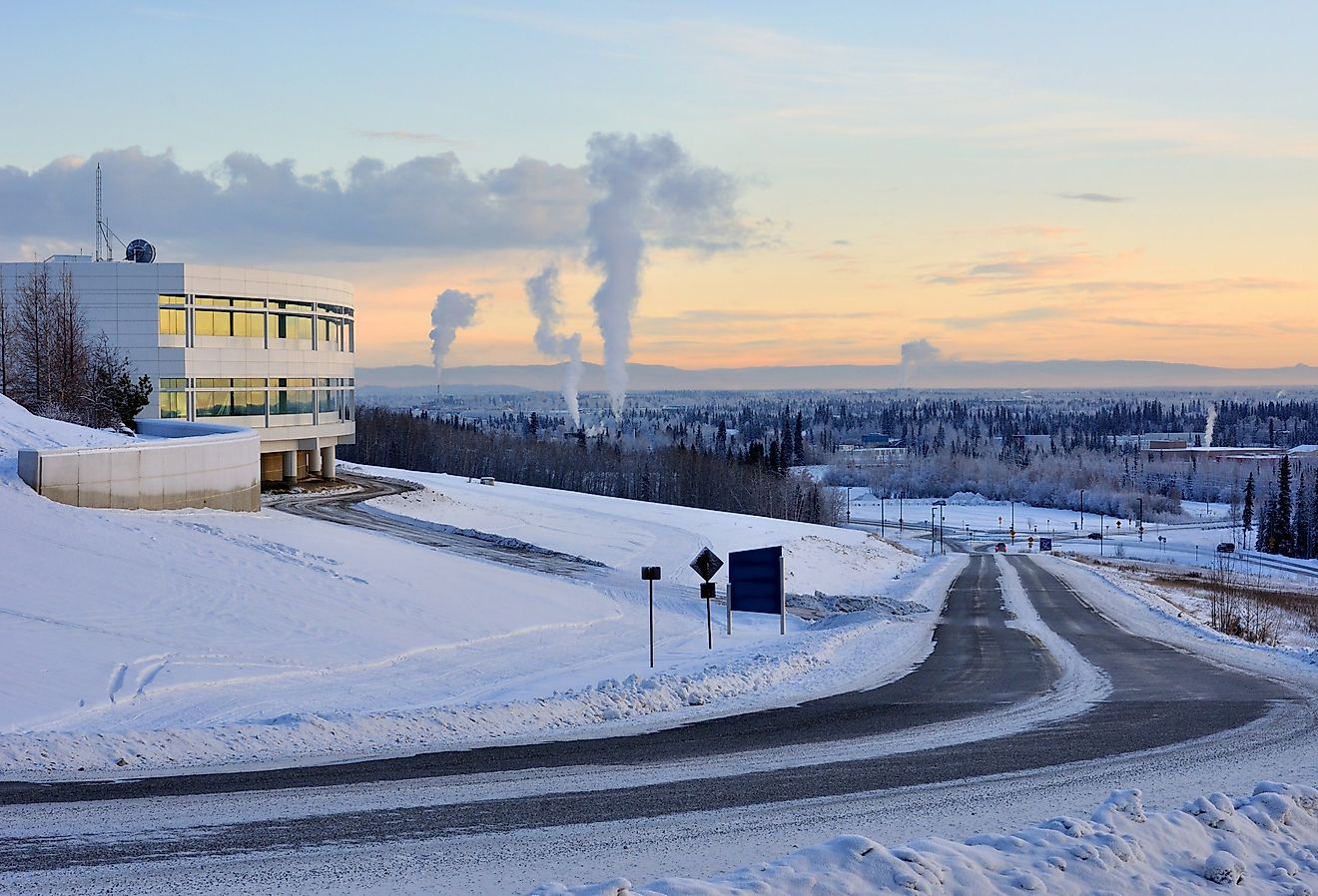 University of Alaska, Fairbanks, in winter at sunset. Image credit Gary Whitton via AdobeStock.