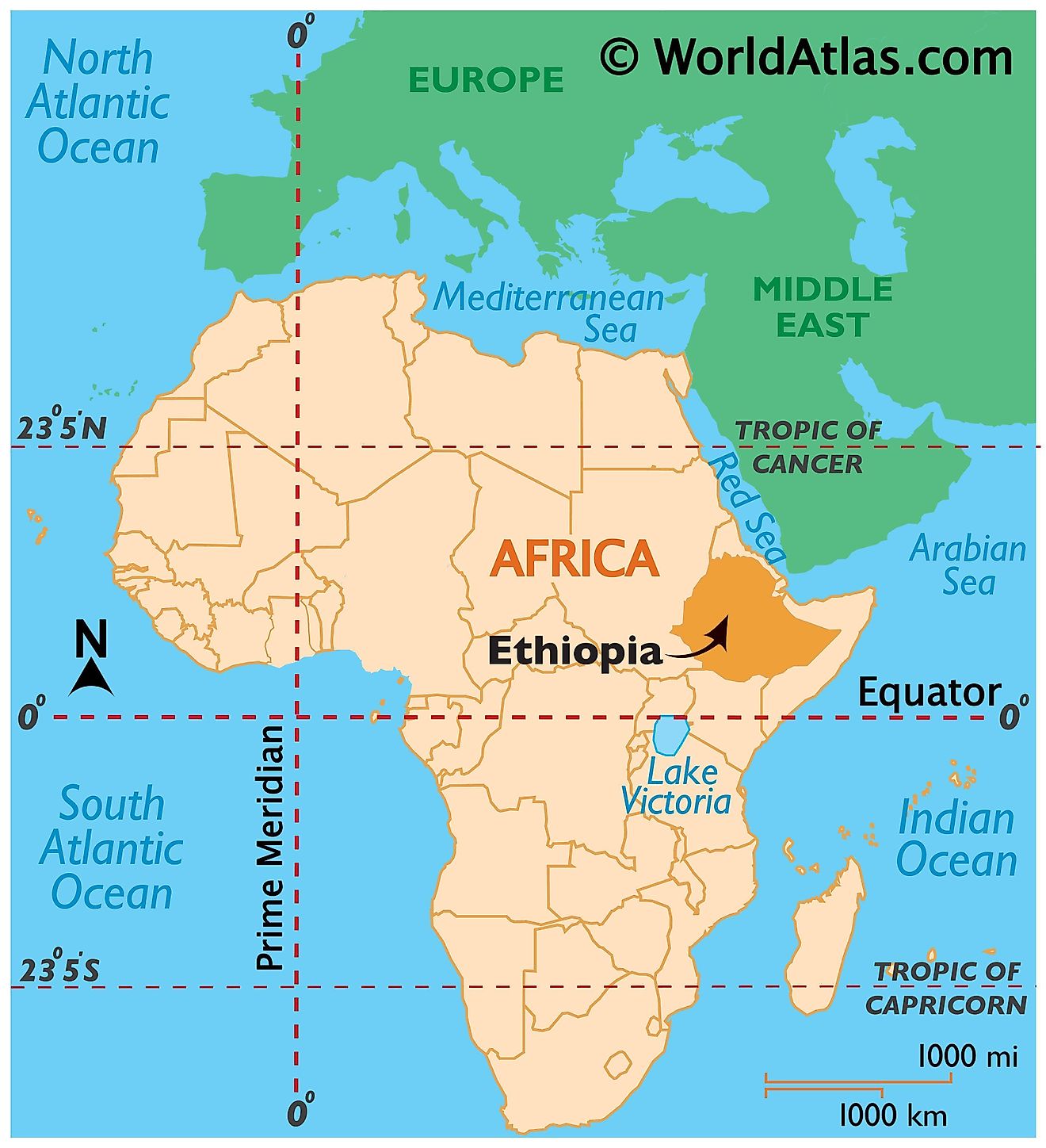 Map showing location of Ethiopia in the world.