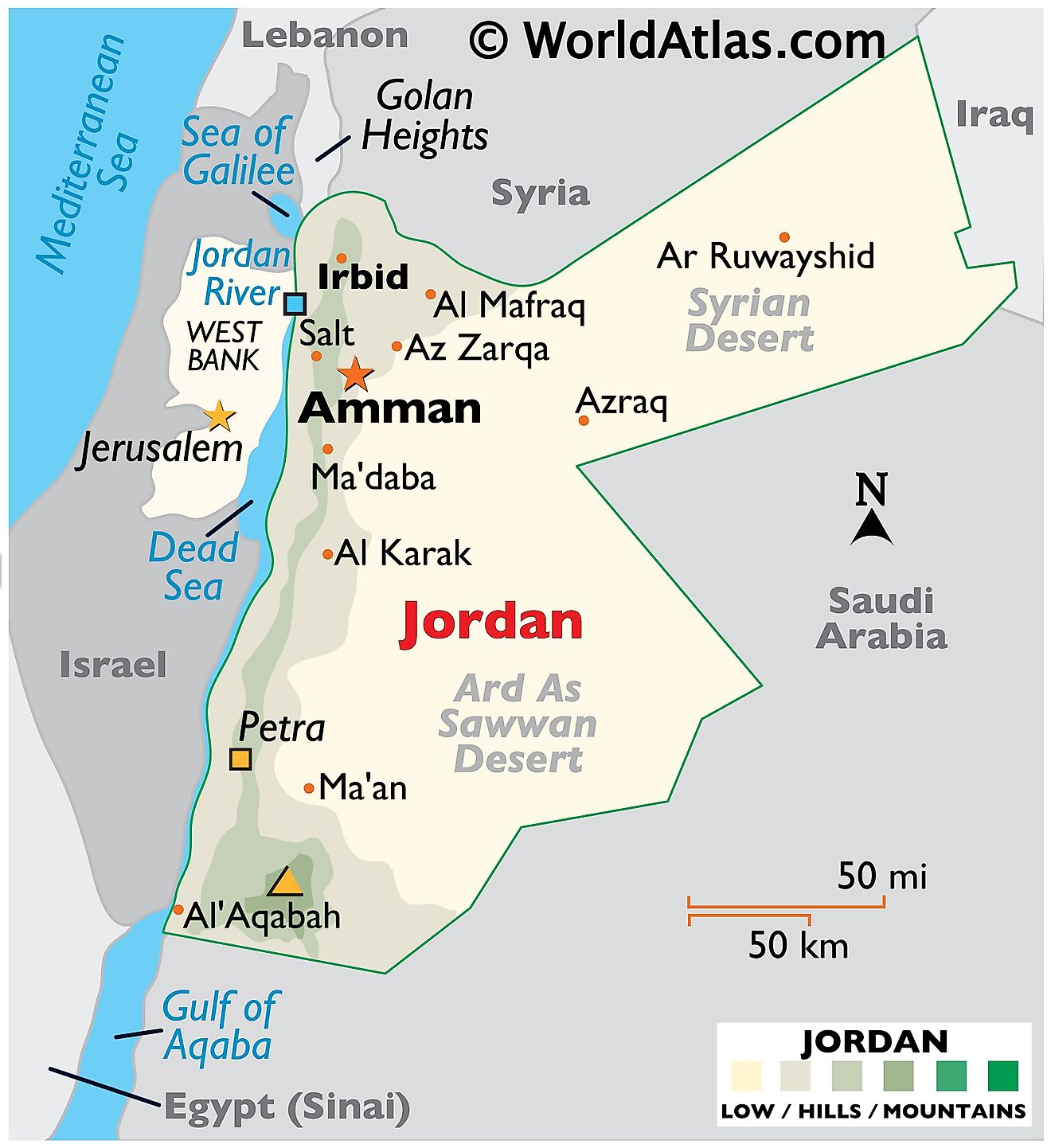 Physical Map of Jordan showing relief, highest point, Jordan River, Dead Sea, Syria Desert, and Ard As Sawwan Desert.