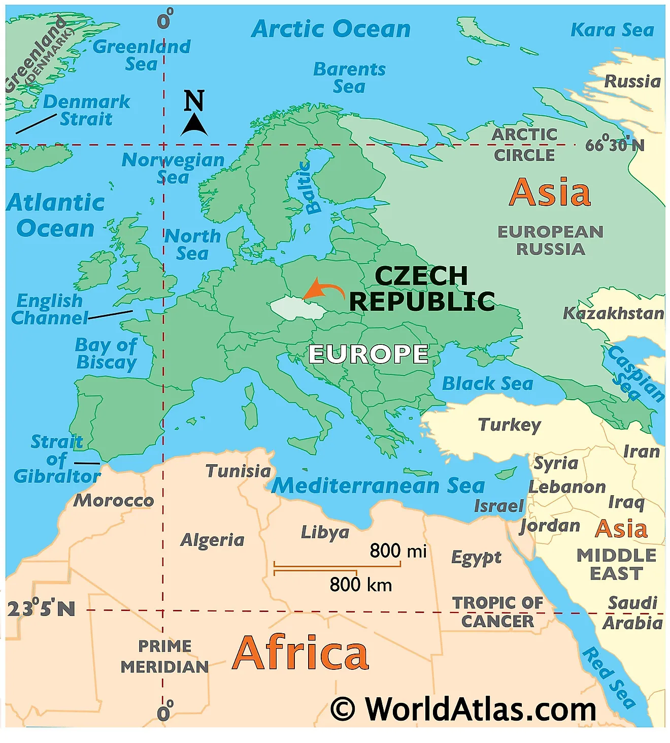 Map showing location of Czech Republic in the world.