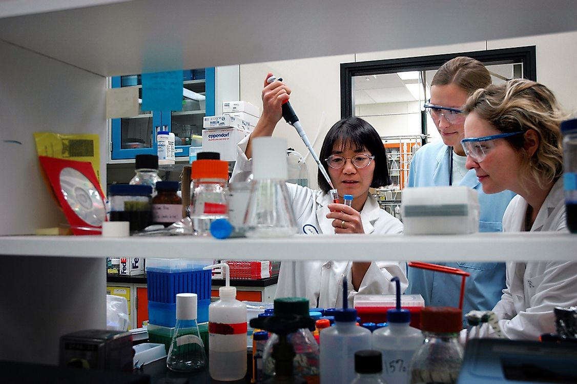 Biotechnologists conducting research in a laboratory.