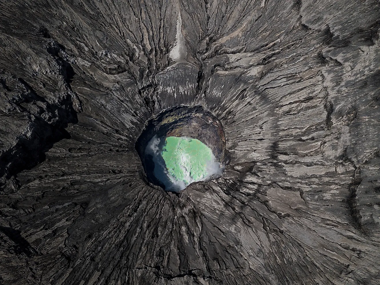 Aerial view of Bromo mountain active volcano crater in East Jawa, Indonesia. Image credit: