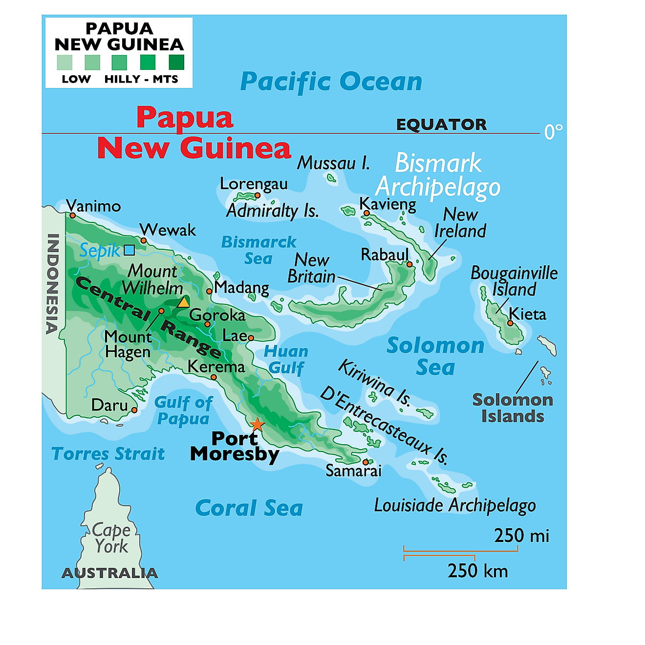 Mapa físico de Papua Nueva Guinea que muestra el relieve, las montañas, las islas principales, los mares y golfos circundantes, y más.