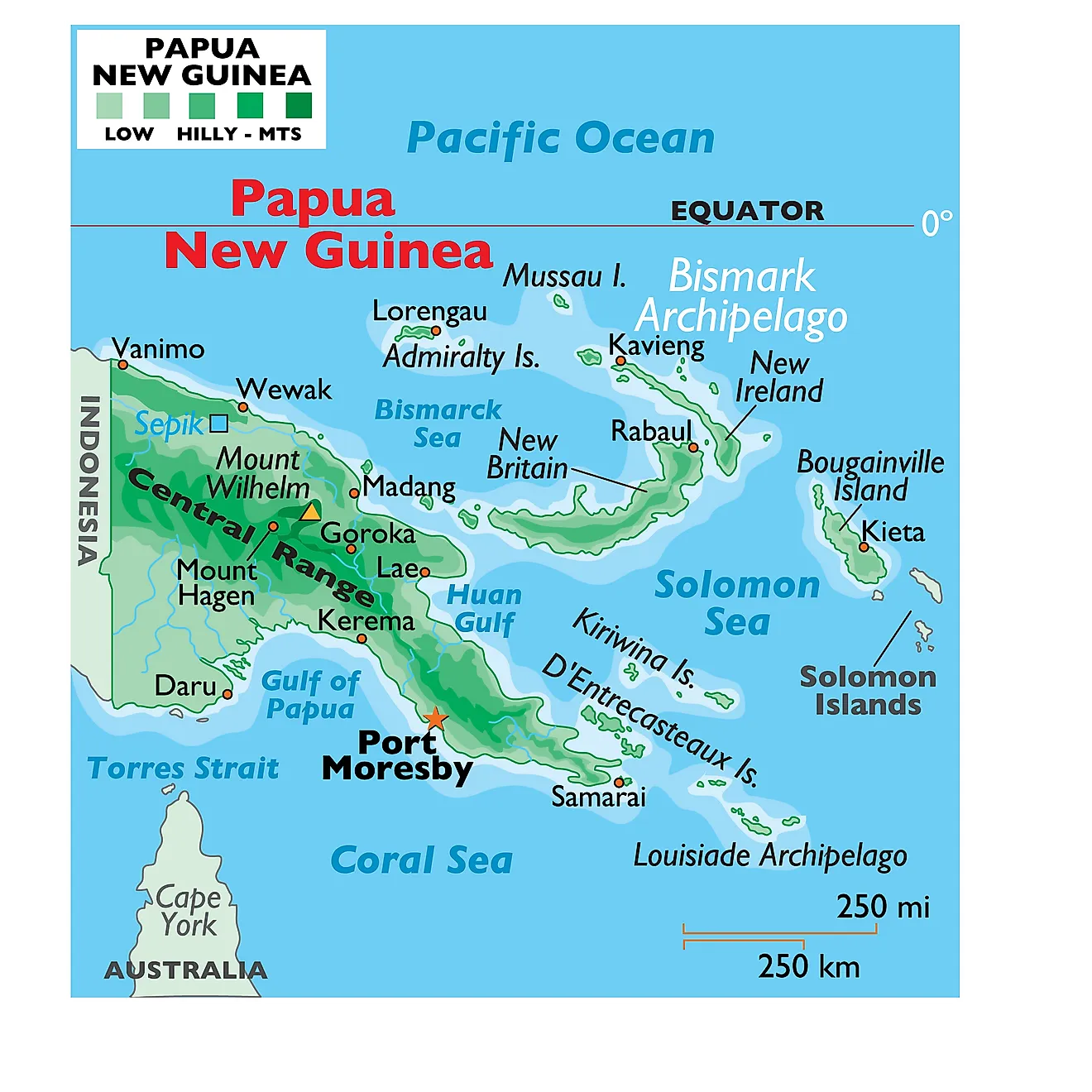 Physical Map of Papua New Guinea showing relief, mountains, major islands, surrounding seas and gulfs, and more.