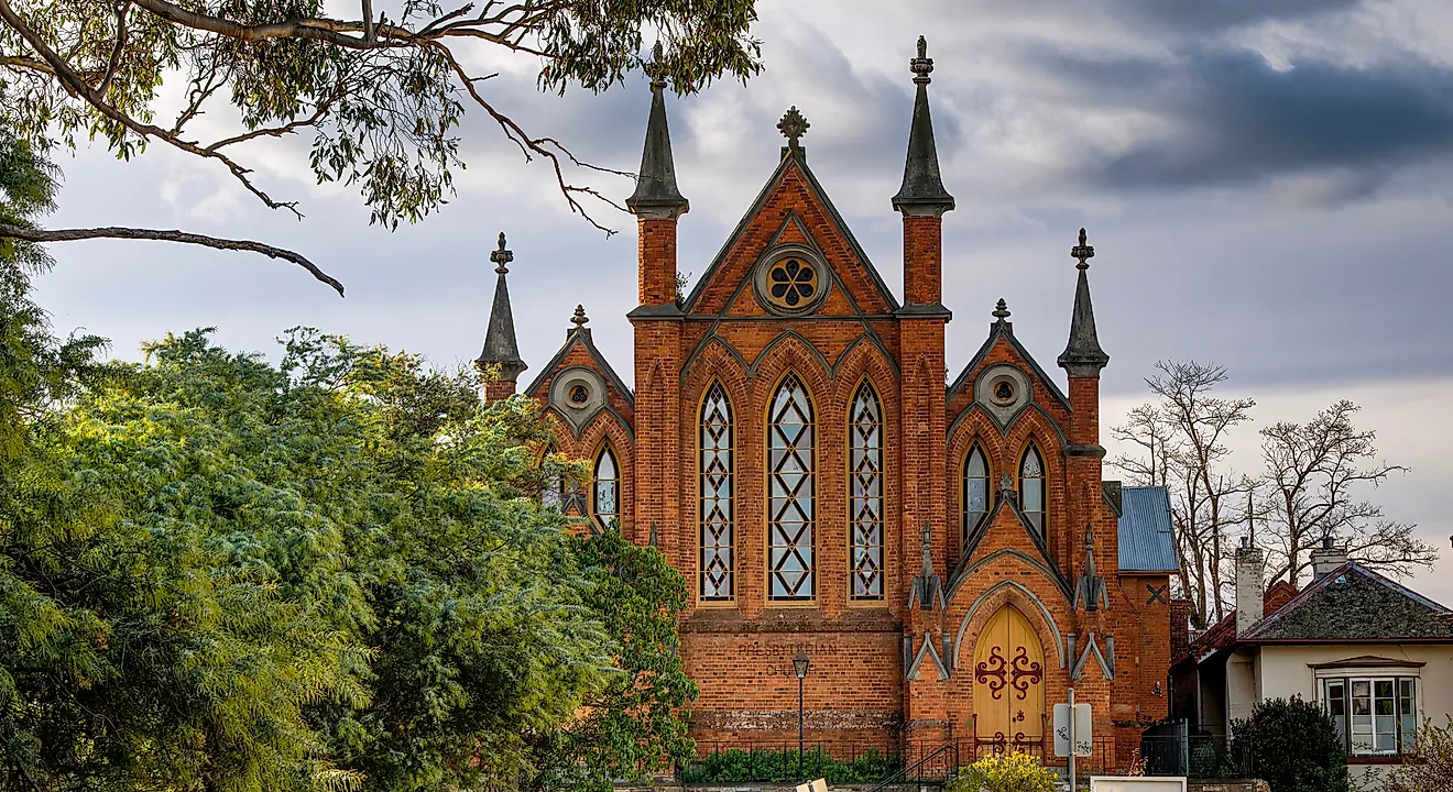 The brick front of the former Congregational, then Presbyterian Church, a landmark in the historic goldfields town in Castlemaine, Victoria, Australia. Editorial credit: lurchman / Shutterstock.com