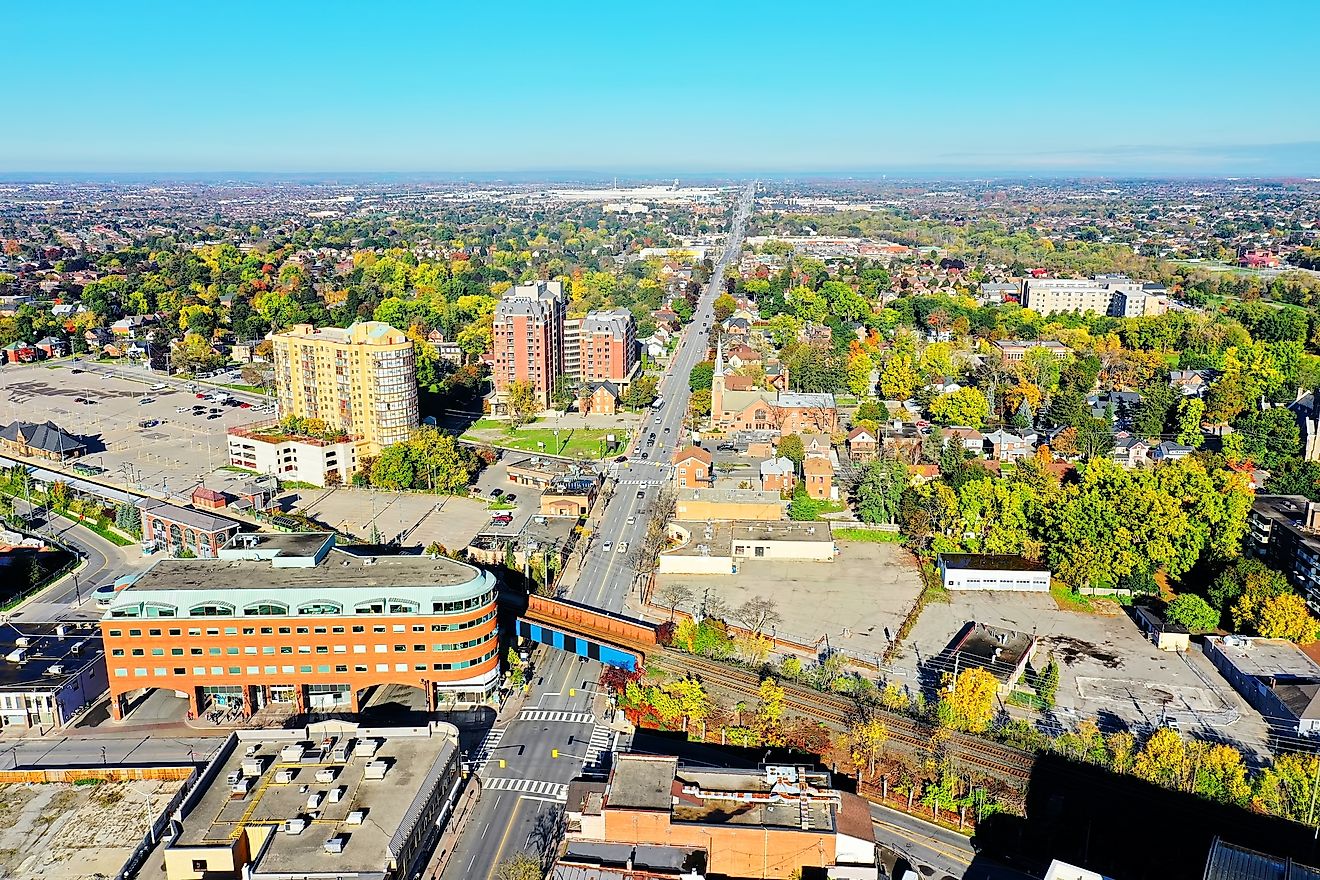 An aerial scene of Brampton, Ontario, Canada. 