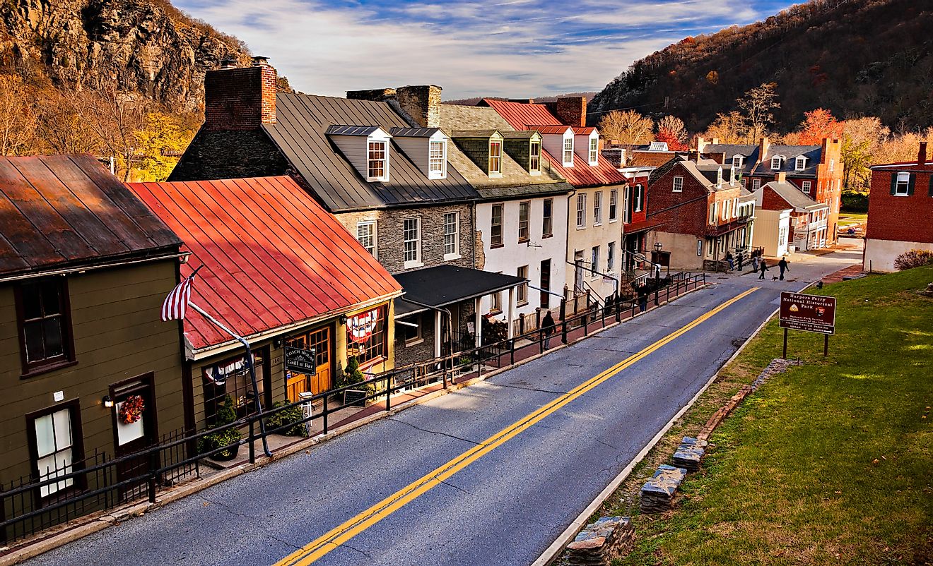 Historic buildings and shops lining High Street in Harper's Ferry, West Virginia, known for its rich heritage and scenic charm.