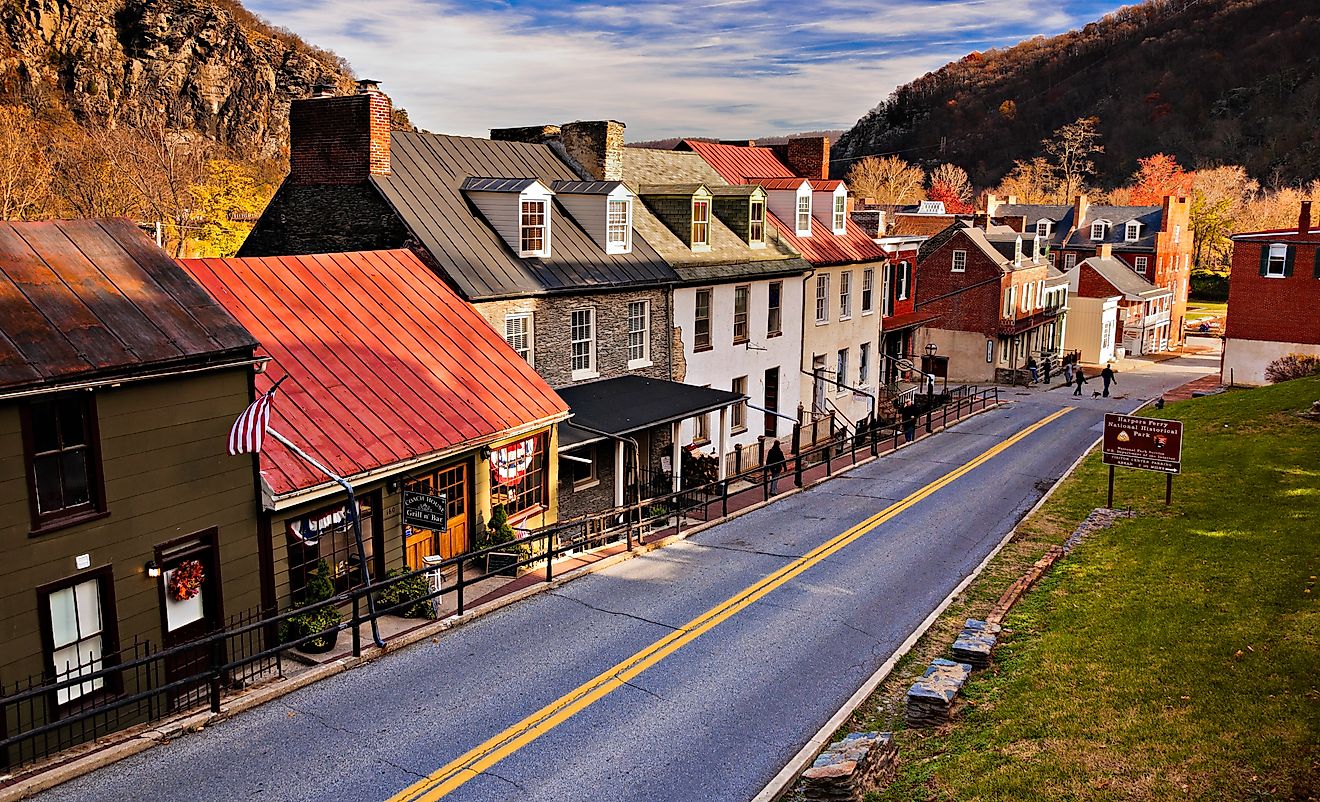Historic buildings and shops lining High Street in Harper's Ferry, West Virginia.
