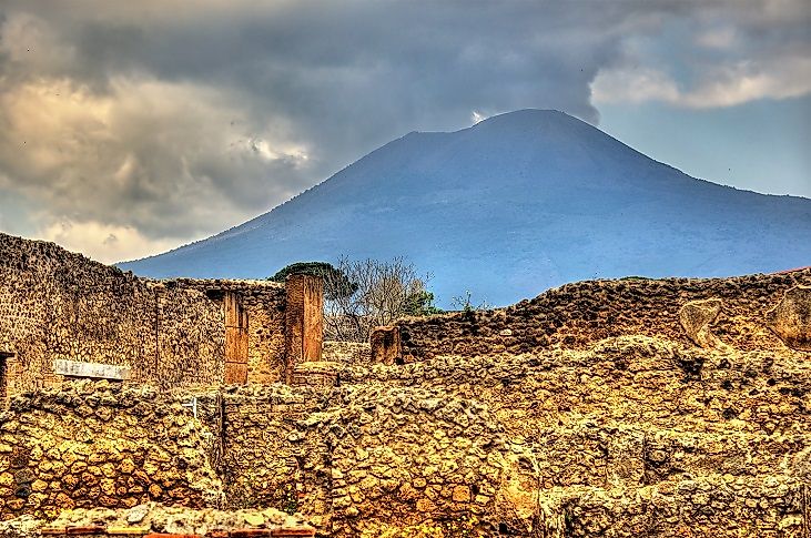 The ruins of the Ancient Roman city of Pompeii at the foot of Vesuvius.