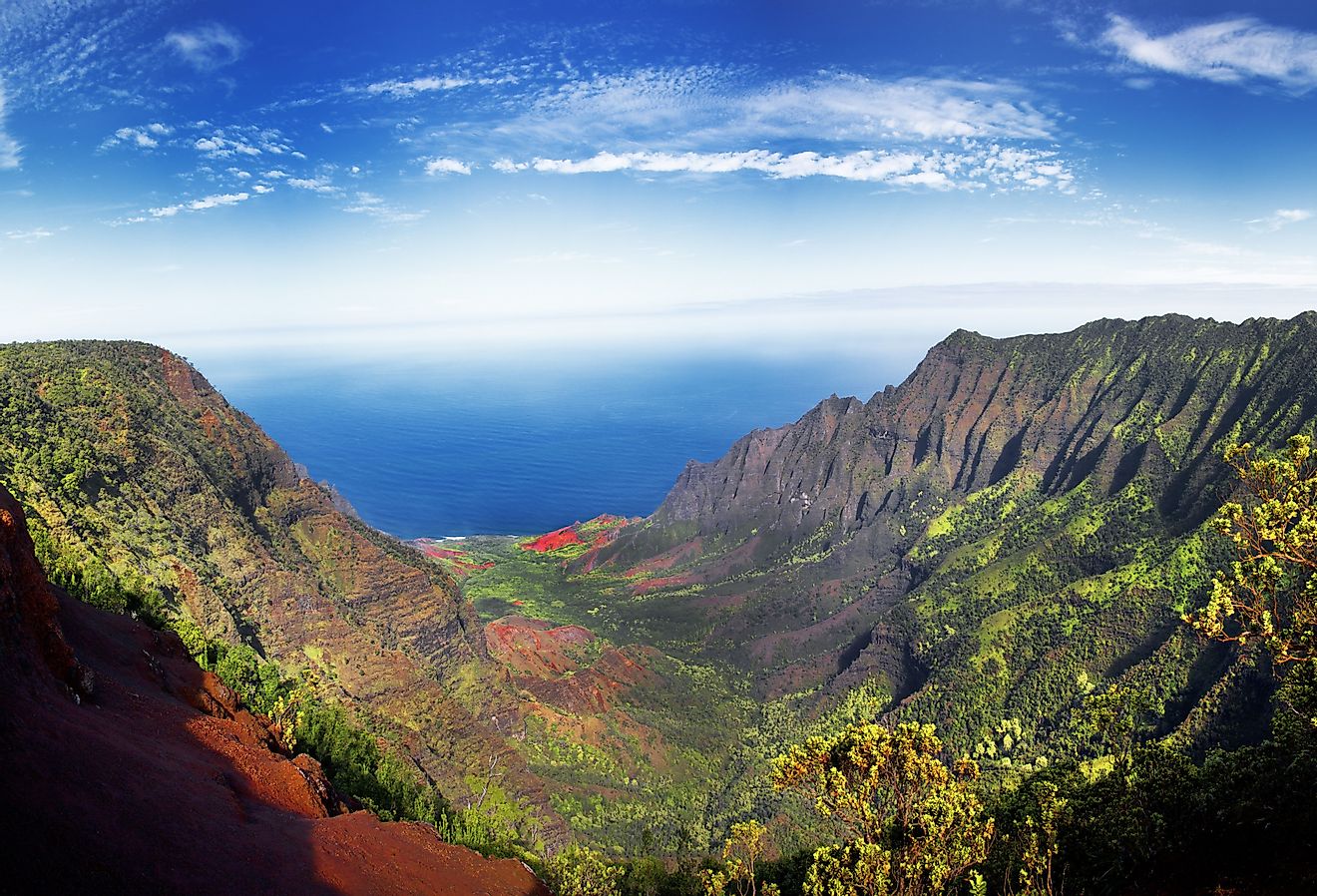 Panoramic view of lush green foliage in Weimea Canyon and NaPali coast Kauai, Hawaii. Image credit Bruce Beck via Shutterstock.