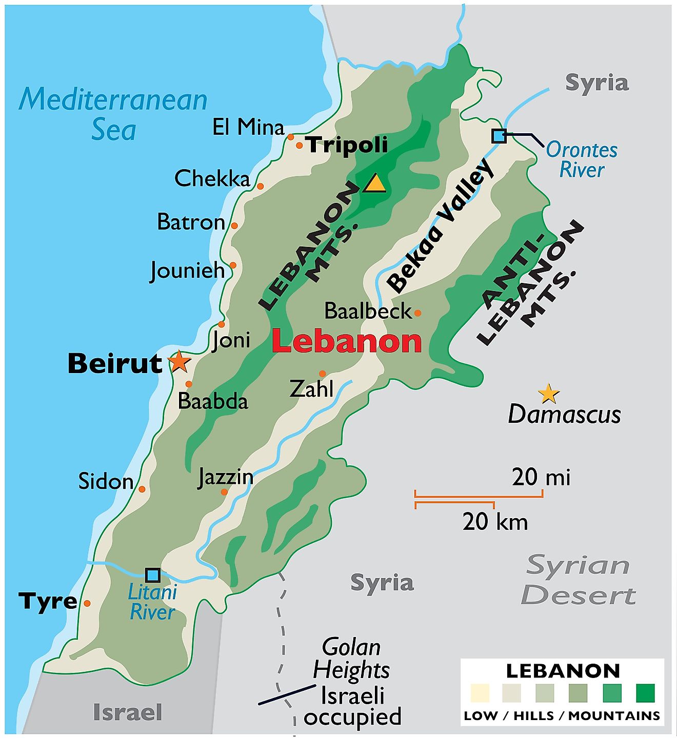 Physical Map of Lebanon showing international boundaries, relief, highest point, important cities, major mountain ranges, important rivers, etc.