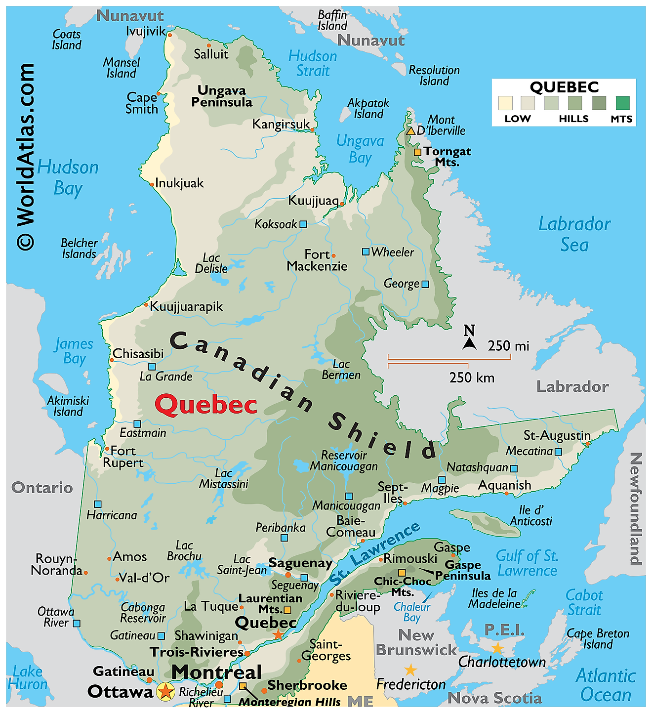 Physical Map of Quebec. It shows the physical features of Quebec, including mountain ranges, significant rivers, and major lakes.  